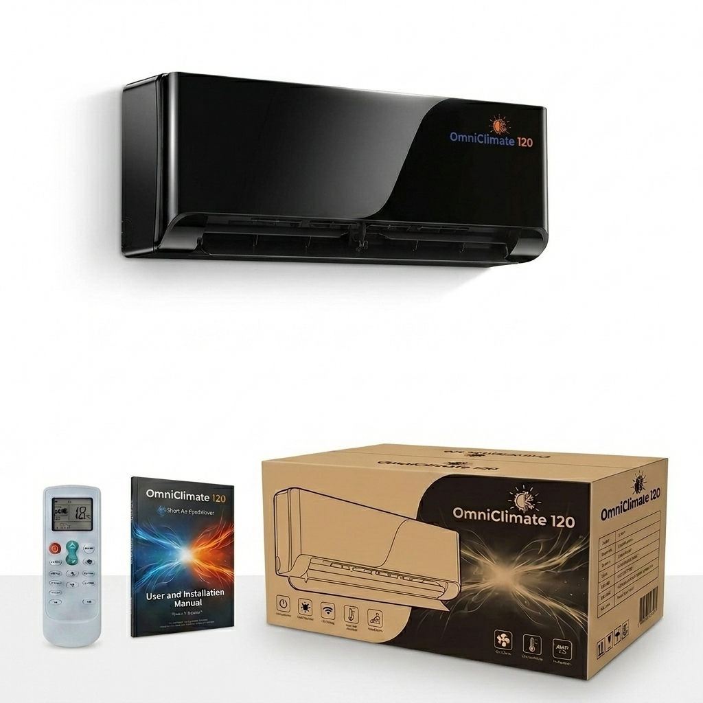 OmniClimate 120 box contents: air curtain unit, remote control, wall-mounting kit, power cord, and manual